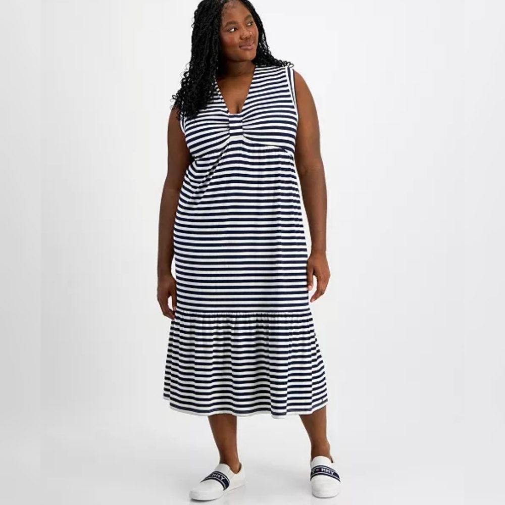 Tommy Hilfiger Sleeveless Empire Waist Midi Dress 2X Navy Striped Nautical